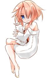 Rule 34 | 100 percent orange juice, 1girl, alte (orange juice), bare shoulders, barefoot, blue eyes, blush, breasts, brown hair, closed mouth, from side, hair over one eye, head tilt, hono, looking at viewer, medium breasts, off shoulder, official art, simple background, sleeves past wrists, solo, suguri, wavy mouth, white background