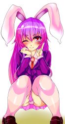 Rule 34 | 1girl, animal ears, bad id, bad pixiv id, blazer, fujimori tonkatsu, highres, jacket, one eye closed, panties, pantyshot, pink hair, pointy ears, rabbit ears, red eyes, reisen udongein inaba, solo, squatting, striped clothes, striped panties, thighhighs, thighs, touhou, underwear, white thighhighs