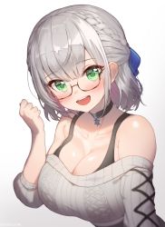 Rule 34 | 1girl, :d, absurdres, alternate costume, arm up, bare shoulders, black choker, black tank top, blue ribbon, blush, braid, breasts, choker, cleavage, clenched hand, collarbone, glasses, green eyes, hair between eyes, hair ribbon, highres, hololive, jewelry, keureu (tiqkdtiqkd10), large breasts, long sleeves, looking at viewer, necklace, off-shoulder sweater, off shoulder, open mouth, ribbed sweater, ribbon, shirogane noel, shirogane noel (casual), short hair, sidelocks, silver hair, simple background, smile, snowflake choker, solo, strap, sweater, tank top, teeth, tongue, twitter username, upper body, upper teeth only, virtual youtuber, white background, white sweater