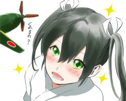 Rule 34 | 10s, 1girl, aged down, aircraft, airplane, bad id, bad pixiv id, blush, green hair, japanese clothes, kantai collection, open mouth, simple background, solo, tachikoma (mousou teikoku), translation request, twintails, zuikaku (kancolle)