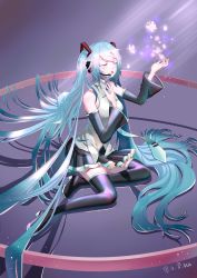 Rule 34 | 1girl, arm up, bad id, bad pixiv id, bare shoulders, black footwear, black skirt, black thighhighs, blue hair, boots, bug, butterfly, closed eyes, collared shirt, commentary request, detached sleeves, facing viewer, green necktie, grey shirt, hair between eyes, hair ornament, hatsune miku, headset, highres, insect, long hair, long sleeves, mo xiaoxue, necktie, parted lips, pleated skirt, shirt, sitting, skirt, sleeveless, sleeveless shirt, solo, thigh boots, thighhighs, twintails, very long hair, vocaloid, wide sleeves, yokozuwari