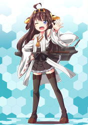 Rule 34 | 10s, 1girl, ;d, ahoge, bare shoulders, black footwear, black thighhighs, blue background, boots, brown footwear, brown hair, brown skirt, detached sleeves, double bun, frilled skirt, frills, full body, hair bun, hand on own hip, headgear, highres, honeycomb (pattern), honeycomb background, honeycomb pattern, kantai collection, kayama kenji, kongou (kancolle), long hair, looking at viewer, machinery, nontraditional miko, one eye closed, open mouth, outstretched hand, pleated skirt, purple eyes, ribbon-trimmed sleeves, ribbon trim, skirt, smile, solo, standing, thigh boots, thighhighs, aged down, zettai ryouiki