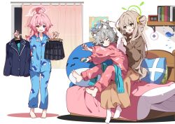 3girls alternate_costume animal_ear_fluff animal_ears animal_print barefoot bed bed_sheet blue_archive blue_eyes blue_halo blue_pants blue_scarf blue_shirt book brown_sweater fish_print full_body green_eyes green_hair grey_hair hair_between_eyes hair_ornament halo heterochromia highres hoshino_(blue_archive) ideolo light_brown_hair long_hair long_sleeves messy_hair multiple_girls nonomi_(blue_archive) one_eye_closed open_mouth pajamas pants pillow pink_hair pink_halo pink_pajamas pink_pants pink_shirt print_pants print_shirt puffy_sleeves scarf school_uniform shiroko_(blue_archive) shiroko_(young)_(blue_archive) shirt skirt socks stuffed_toy sweater towel white_socks window wolf_ears wolf_girl yellow_eyes