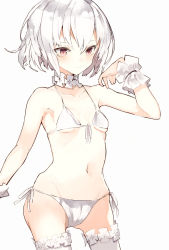 Rule 34 | 1girl, bikini, breasts, frilled thighhighs, frills, hand up, looking at viewer, navel, original, panties, pink eyes, scrunchie, shiromiso, short hair, side-tie bikini bottom, small breasts, solo, standing, swimsuit, thighhighs, underwear, white background, white bikini, white hair, white panties, white theme, white thighhighs, wrist scrunchie