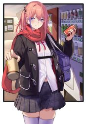 Rule 34 | 1girl, 3 small spiders, alternate costume, bag, black jacket, black skirt, blue bag, blue eyes, blush, can, commentary request, commission, cowboy shot, girls&#039; frontline, gradient hair, highres, holding, holding can, jacket, long hair, long sleeves, looking at viewer, midriff peek, multicolored hair, navel, neck ribbon, one side up, open clothes, open jacket, outside border, outstretched arm, pink hair, pleated skirt, pov, purple hair, reaching, reaching towards viewer, red ribbon, red scarf, ribbon, scarf, shirt, shoulder bag, skeb commission, skindentation, skirt, smile, solo, st ar-15 (girls&#039; frontline), st ar-15 (literary girl) (girls&#039; frontline), thighhighs, two-tone hair, vending machine, white shirt, white thighhighs
