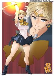 Rule 34 | 1girl, arm up, armpits, artist name, bishoujo senshi sailor moon, blonde hair, blue eyes, boots, border, breasts, character name, clenched hands, closed mouth, collarbone, commentary, covered navel, earrings, eyebrows, eyelashes, forehead, frilled skirt, frills, full body, glowing, high heel boots, high heels, jewelry, legs apart, looking at viewer, neone, open mouth, sailor senshi uniform, sailor uranus, short hair, skirt, smile, solo, standing, teeth, ten&#039;ou haruka, thighs, tiara, upper teeth only, white border