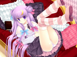 Rule 34 | 1girl, alternate costume, alternate hairstyle, argyle, ass, book, bow, casual, contemporary, couch, crescent, crescent hair ornament, crescent moon, double bun, female focus, hair bow, hair bun, hair ornament, legs up, long hair, lying, miyasu risa, moon, on back, panties, patchouli knowledge, petticoat, pillow, purple eyes, purple hair, solo, striped clothes, striped thighhighs, thighhighs, touhou, underwear, very long hair, white panties