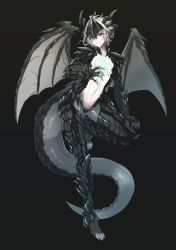 Rule 34 | 1boy, androgynous, black background, body markings, dragon boy, dragon tail, dragon wings, fate/apocrypha, fate (series), full body, green eyes, grey hair, haoro, highres, male focus, monster boy, pointy ears, sieg (fate), simple background, solo, tail, trap, wings