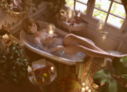 Rule 34 | 1girl, apple, bathtub, blurry, blurry foreground, book, brown eyes, brown hair, candle, covering privates, covering breasts, food, fruit, grapes, leaf, looking at viewer, maocha, nude, open book, original, partially submerged, plant, reflection, short hair, solo, table, water, window
