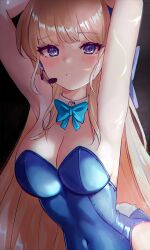 Rule 34 | 1girl, animal ears, armpits, arms behind head, arms up, bare arms, bare shoulders, blonde hair, blue archive, blue eyes, blue leotard, bow, bowtie, breasts, chromatic aberration, cleavage, covered navel, detached collar, earpiece, fake tail, highleg, highleg leotard, leotard, long hair, looking at viewer, medium breasts, moth1, official alternate costume, open mouth, playboy bunny, rabbit tail, solo, strapless, strapless leotard, tail, toki (blue archive), toki (bunny) (blue archive), very long hair