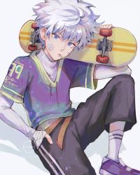 Rule 34 | 1boy, bad id, bad twitter id, black pants, clivenzu, commentary, english commentary, fingernails, hand in pocket, head tilt, highres, holding, hunter x hunter, killua zoldyck, layered sleeves, long sleeves, looking at viewer, male focus, mouth hold, over shoulder, pants, purple eyes, purple footwear, purple hair, revision, shoes, short over long sleeves, short sleeves, sitting, skateboard, socks, solo, white socks
