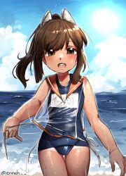 Rule 34 | 1girl, absurdres, blue one-piece swimsuit, blue sky, breasts, brown eyes, brown hair, cloud, cowboy shot, day, enneh, highres, i-401 (kancolle), kantai collection, looking at viewer, medium breasts, name tag, old school swimsuit, one-hour drawing challenge, one-piece swimsuit, open mouth, orange sailor collar, outdoors, ponytail, round teeth, sailor collar, school swimsuit, see-through clothes, see-through clothes, see-through shirt, shirt, sidelocks, sky, solo, swimsuit, swimsuit under clothes, tan, tanline, teeth, thigh gap, upper teeth only