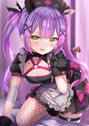 Rule 34 | 1girl, apron, bandaged arm, bandages, black dress, black gloves, black hat, blush, breasts, chest tattoo, demon tail, dress, ear piercing, fang, fishnet pantyhose, fishnets, frilled apron, frills, gloves, green eyes, hair ornament, hand up, hat, highres, hololive, leg tattoo, long hair, looking at viewer, medium breasts, nurse cap, o-ring, o-ring thigh strap, open mouth, pantyhose, piercing, pink hair, puffy short sleeves, puffy sleeves, purple hair, short sleeves, sidelocks, single leg pantyhose, smile, solo, tail, tattoo, thigh strap, thighs, tokoyami towa, twintails, very long hair, virtual youtuber, x hair ornament, yuano
