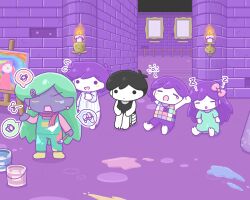 Rule 34 | 1girl, 4boys, absurdres, aubrey (headspace) (omori), aubrey (omori), black hair, bow, chibi, closed eyes, closed mouth, colored skin, earrings, easel, expressionless, flying sweatdrops, green hair, hair bow, hair ornament, hairclip, hero (headspace) (omori), hero (omori), highres, holding, holding paintbrush, indoors, jewelry, kel (headspace) (omori), kel (omori), knees up, long hair, looking at another, multiple boys, omori, omori (omori), open mouth, paint can, paintbrush, pink bow, pointy ears, purple hair, purple skin, red scarf, rococo (omori), scarf, short hair, sitting, sleeping, squeans, standing, wafu (wafu39080), white skin, yawning