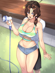 Rule 34 | 1girl, 23 (real xxiii), absurdres, ahoge, armpits, bare legs, bikini, bikini top only, blush, bracelet, breasts, brown hair, cleavage, covered erect nipples, fang, from above, grass, groin, hair over shoulder, hair tie, hand up, highres, holding, holding hose, hose, hose nozzle, hug, hug from behind, inaka no onee-chan to hito natsu docha ero icha love sex, jewelry, large breasts, legs, legs together, long hair, looking back, low ponytail, midriff, navel, open mouth, original, outdoors, ponytail, purple eyes, ring, see-through, short shorts, shorts, solo focus, standing, striped, striped tank top, surprised, sweat, swimsuit, tank top, thighs, thong, water, yellow bikini