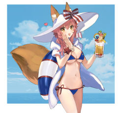 Rule 34 | 1girl, animal ears, bikini, blue bikini, blue sky, blush, border, breasts, cleavage, cloud, commentary, day, drink, fang, fate/grand order, fate (series), fox ears, fox girl, fox tail, groin, hair between eyes, hat, heart, highres, holding, holding drink, innertube, large breasts, long hair, looking at viewer, lowleg, navel, ocean, open mouth, outside border, pink hair, rizu033, sky, smile, solo, standing, stomach, sun hat, swim ring, swimsuit, symbol-only commentary, tail, tamamo (fate), tamamo no mae (fate/extra), tamamo no mae (swimsuit lancer) (fate), tamamo no mae (swimsuit lancer) (third ascension) (fate), twintails, water, white border, white hat, yellow eyes