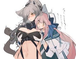 Rule 34 | + +, 2girls, animal ears, arknights, blue feathers, blush, grabbing another&#039;s breast, breasts, brown eyes, cat ears, cat tail, ceylon (arknights), cleavage, crop top, drooling, feather hair, feathers, gloves, grabbing, grabbing from behind, groping, heart, large breasts, long hair, long sleeves, midriff, mikozin, multiple girls, navel, parted lips, pink hair, schwarz (arknights), silver hair, simple background, stomach, tail, translation request, upper body, very long hair, white background, white gloves, white headwear, yuri