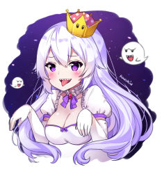 Rule 34 | 1girl, blush, boo (mario), breasts, cleavage, elbow gloves, gloves, highres, kaxukin, large breasts, long hair, looking at viewer, luigi&#039;s mansion, mario (series), new super mario bros. u deluxe, nintendo, open mouth, princess king boo, puffy short sleeves, puffy sleeves, purple eyes, short sleeves, smile, solo, super crown, teeth, tongue, tongue out, white gloves, white hair