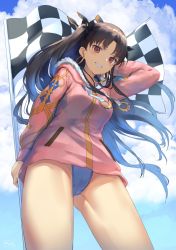 Rule 34 | 1girl, a.t. zero, arm up, black ribbon, blue one-piece swimsuit, blue sky, brown eyes, brown hair, checkered flag, cloud, cloudy sky, crown, day, drawstring, earrings, fate/grand order, fate (series), flag, floating hair, from below, fur-trimmed hood, fur trim, grin, hair ribbon, hand in own hair, highleg, highleg swimsuit, highres, holding, holding flag, hood, hoodie, hoop earrings, ishtar (fate), jewelry, long hair, long sleeves, looking at viewer, no pants, one-piece swimsuit, outdoors, pink hoodie, pocket, ribbon, sky, smile, solo, standing, swimsuit, swimsuit under clothes, thighs, tohsaka rin, two side up, very long hair, wind