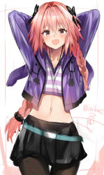 Rule 34 | 1boy, arms behind head, artist name, astolfo (fate), astolfo (memories at trifas) (fate), belt, black skirt, bow, braid, fang, fate/apocrypha, fate (series), hair bow, hair intakes, highres, hood, hoodie, isshiki (ffmania7), jacket, jewelry, male focus, midriff, navel, necklace, official alternate costume, open clothes, open jacket, open mouth, pantyhose, pink eyes, pink hair, purple jacket, scrunchie, shirt, signature, simple background, skirt, smile, solo, striped clothes, striped shirt, trap, twitter username