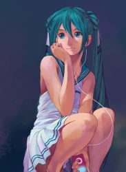 Rule 34 | 1girl, aqua eyes, aqua hair, bare shoulders, black background, closed mouth, collarbone, digital media player, dress, earbuds, earphones, hair between eyes, hair ribbon, hatsune miku, head rest, holding, ipod, long hair, reise, ribbon, sailor collar, sailor dress, simple background, skirt, solo, squatting, twintails, vocaloid, white dress, white ribbon