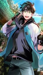 black_gloves black_hair black_shirt blue_sky fanart_digital full_body gloves green_eyes grey_pants happy happy_aura highres jacket jang_suehan jungle_juice looking_at_viewer male_focus nature_background open_mouth pants shirt short_hair sky smile teeth white_jacket