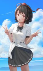 Rule 34 | 1girl, :d, arms up, belt, black bow, black bowtie, black hair, black skirt, blue sky, blush, bow, bowtie, breasts, cloud, contrapposto, cowboy shot, day, double v, fjsmu, hat, head tilt, highres, looking at viewer, medium breasts, open mouth, outdoors, puffy short sleeves, puffy sleeves, red eyes, shameimaru aya, shirt, short hair, short sleeves, skirt, sky, smile, solo, tokin hat, touhou, untucked shirt, v, white shirt, wind, wind lift