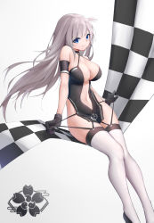 Rule 34 | 1girl, absurdres, alternate costume, arm strap, armband, azur lane, bare shoulders, black footwear, black gloves, blue eyes, breasts, center opening, checkered flag, cleavage, closed mouth, collarbone, commentary request, criss-cross halter, dress, flag, floating hair, full body, gloves, halter dress, halterneck, hand on own chest, high heels, highres, kafeifeifeifeifeifei jiemo jun, large breasts, long hair, looking at viewer, mole, mole under eye, navel, one side up, pulling own clothes, race queen, revealing clothes, sakura empire (emblem), shoukaku (azur lane), shoukaku (sororal wings) (azur lane), sidelocks, smile, solo, strap pull, thighhighs, white hair, white thighhighs