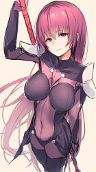 Rule 34 | 1girl, arm up, beige background, bodysuit, borushichi, breasts, fate/grand order, fate (series), hair between eyes, head tilt, highres, holding, large breasts, long hair, looking at viewer, parted lips, purple bodysuit, purple hair, red eyes, scathach (fate), simple background, solo, very long hair