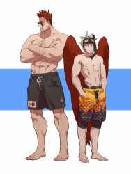 Rule 34 | 2boys, abs, arm hair, bara, bare pectorals, black male swimwear, blonde hair, blue eyes, boku no hero academia, chest hair, couple, crossed arms, diving mask, diving mask on head, endeavor (boku no hero academia), facial hair, feathered wings, fukurau, full body, goggles, goggles on head, hairy, hawks (boku no hero academia), highres, jammers, large pectorals, leg hair, male focus, male swimwear, mature male, multiple boys, muscular, muscular male, navel, nipples, orange male swimwear, pectorals, red hair, scar, scar across eye, scar on face, short hair, sideburns, spiked hair, stubble, swim trunks, toned, toned male, wings
