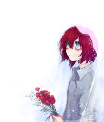 Rule 34 | 1girl, bouquet, crying, flower, green eyes, hatori chise, highres, le petit prince, mahou tsukai no yome, red hair, simple background, tears, white background