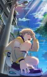 Rule 34 | 1girl, absurdres, arjent, balloon, bird, blue eyes, blue sky, blush, brown jacket, building, city, cloud, day, falling leaves, flower, from above, grey hair, hand on own head, highres, idolmaster, idolmaster shiny colors, jacket, lamppost, leaf, light particles, long sleeves, looking at another, open mouth, outdoors, purple flower, purple footwear, purple shirt, serizawa asahi, shirt, shoes, short hair, shorts, sky, sneakers, socks, solo, squatting, sunlight, teeth, tile wall, tiles, tree, utility pole, white shorts, white socks, yellow flower, yellow trim