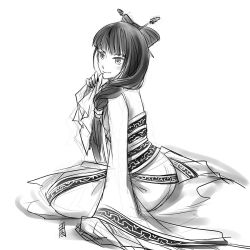 Rule 34 | 1girl, antaria, chinese clothes, greyscale, hair ornament, hanfu, long hair, monochrome, original, signature, simple background, sitting, sketch, solo, white background