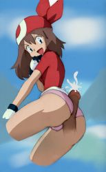 Rule 34 | 1boy, 1girl, artist request, ass, brown hair, buttjob, buttjob over clothes, clothes lift, creatures (company), femdom, game freak, hetero, highres, looking back, may (pokemon), nintendo, panties, penis, pink panties, pokemon, pokemon rse, rubbing, skirt, skirt lift, underwear, upskirt, white skirt