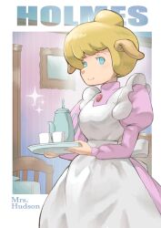 Rule 34 | 1girl, absurdres, animal ears, animal nose, apron, back bow, blonde hair, blue eyes, blush, border, bow, breasts, bright pupils, brooch, chair, character name, closed mouth, copyright name, cup, dog ears, dog girl, dress, english text, female focus, frilled apron, frills, furry, furry female, gem, hair bun, half-closed eyes, hands up, happy, highres, holding, holding tray, indoors, jewelry, juliet sleeves, k katora, light blush, long dress, long sleeves, maid apron, marie hudson, meitantei holmes, outside border, picture frame, pink dress, puffy sleeves, red gemstone, short hair, sidelocks, single hair bun, small breasts, smile, snout, solo, sparkle, split mouth, standing, table, teacup, teapot, tray, white apron, white border, white bow, white pupils