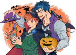 Rule 34 | 2boys, bat wings, blue hair, candy, cape, cu chulainn (fate), cu chulainn (fate/stay night), emiya shirou, fang, fate/hollow ataraxia, fate/stay night, fate (series), food, halloween, hat, holding, holding clothes, holding hat, jack-o&#039;-lantern, male focus, multiple boys, orange hair, ponytail, tatsuta age, unworn hat, unworn headwear, vest, wings, witch hat, wrapped candy, yellow eyes