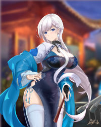 Rule 34 | 1girl, absurdres, alternate costume, artist request, azur lane, belfast (azur lane), belfast (iridescent rosa) (azur lane), belfast (iridescent rosa) (azur lane), black dress, blue eyes, blue panties, blurry, blurry background, blush, braid, breasts, bridal gauntlets, chain, china dress, chinese clothes, cleavage, cleavage cutout, closed mouth, clothing cutout, collar, dress, earrings, floral print, french braid, hand fan, hand on own hip, head tilt, highres, holding, holding fan, jewelry, large breasts, leaning forward, long hair, looking at viewer, panties, pelvic curtain, side-tie panties, side braid, side slit, signature, silver hair, smile, solo, standing, string panties, thighhighs, underwear, white thighhighs, wide hips