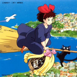 Rule 34 | 1980s (style), 1girl, bird, black cat, blush, bow, broom, broom riding, brown eyes, brown hair, cage, cat, dress, flying, hair bow, jiji (majo no takkyuubin), kiki (majo no takkyuubin), majo no takkyuubin, ocean, official art, retro artstyle, production art, retro artstyle, seagull, ship, short hair, smile, solo, studio ghibli, town, toy, water, watercraft, witch