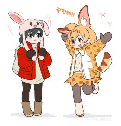 Rule 34 | +++, 10s, 2girls, :d, adapted costume, alternate headwear, animal ear fluff, animal ears, animal hat, arms up, backpack, bag, black eyes, black hair, black legwear, blonde hair, boots, bow, bowtie, coat, commentary request, fang, full body, hat, kaban (kemono friends), kemono friends, korean commentary, korean text, mittens, multiple girls, open mouth, orange eyes, outstretched arms, pantyhose, print coat, print neckwear, print skirt, rabbit hat, red coat, roonhee, serval (kemono friends), serval print, serval tail, short hair, simple background, skirt, smile, standing, standing on one leg, tail, translation request, white background