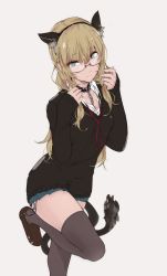 Rule 34 | 1girl, absurdres, animal ears, bad id, bad twitter id, blonde hair, blue eyes, cat ears, cat tail, chain, collar, glasses, headband, highres, loafers, long hair, nail polish, original, shoes, simple background, skirt, smile, solo, standing, standing on one leg, sweater, tail, thighhighs, touma kisa, zettai ryouiki