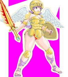 Rule 34 | 1girl, athena (series), bikini, breasts, helmet, knee pads, long hair, open mouth, princess athena, purple hair, shield, simple background, solo, swimsuit, sword, weapon, wings, yellow eyes