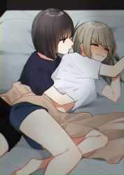 Rule 34 | 2girls, black hair, blush, closed mouth, commentary request, closed eyes, gavienc, groping, hand under clothes, highres, light brown hair, long hair, lying, multiple girls, navel, on side, original, short hair, wavy eyebrows, yuri