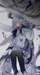 Rule 34 | 1boy, blue eyes, bug, butterfly, cape, crown, fate/grand order, fate (series), grey hair, highres, insect, insect wings, long hair, looking at viewer, male focus, oberon (fate), oberon (third ascension) (fate), shirt, smile, solo, spoilers, suou (sdurorhr), white shirt, wings
