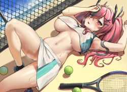 Rule 34 | 1girl, azur lane, ball, bare shoulders, bow, breasts, breasts apart, bremerton (azur lane), bremerton (scorching-hot training) (azur lane), chain-link fence, commentary, crop top, crop top overhang, curvy, fence, grey hair, hair between eyes, hair bow, hair ornament, hairclip, heart, heart necklace, highres, jewelry, korean commentary, large breasts, long hair, looking at viewer, lying, multicolored hair, necklace, on back, open mouth, outdoors, pink hair, racket, shirt, sleeveless, sleeveless shirt, sportswear, streaked hair, sweat, tennis ball, tennis racket, tennis uniform, twintails, two-tone hair, two-tone shirt, two-tone skirt, underboob, urrrt, wet, wet clothes, x hair ornament