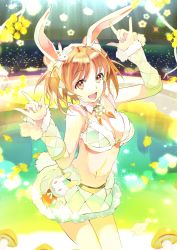 Rule 34 | 10s, 119, 1girl, :d, \m/, animal ears, arm warmers, bare shoulders, bikini, bikini top only, breasts, brown eyes, brown hair, rabbit ears, rabbit tail, cleavage, double \m/, hair ornament, highres, idolmaster, idolmaster cinderella girls, long hair, looking at viewer, open mouth, skirt, smile, solo, swimsuit, tail, totoki airi, twintails