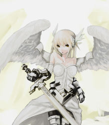 Rule 34 | 1girl, angel, armor, armored dress, blonde hair, highres, lord of vermilion, psi (spearbirds), spearbirds, sword, valkyrie, valkyrie (lord of vermilion), weapon, wings, yellow eyes
