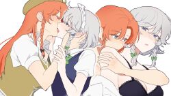 2girls black_bra black_ribbon blush bra braid eyelashes french_kiss green_eyes green_hat green_ribbon grey_eyes grey_hair hair_ribbon hat hong_meiling izayoi_sakuya kiss long_hair maid_headdress multiple_girls multiple_views orange_hair ribbon sarukana short_hair simple_background touhou twin_braids underwear white_background yuri