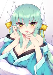 Rule 34 | 1girl, blush, breasts, cleavage, fate/grand order, fate (series), green hair, hair between eyes, hand on own cheek, hand on own face, hands up, haruyuki (yukichasoba), heart, heart-shaped pupils, highres, horns, japanese clothes, kimono, kiyohime (fate), large breasts, looking at viewer, open mouth, sidelocks, smile, solo, symbol-shaped pupils, upper body, yellow eyes