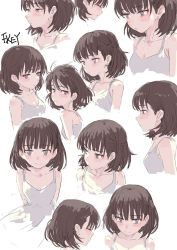 Rule 34 | 1girl, bare shoulders, blush, bob cut, breasts, brown hair, cleavage, closed mouth, dress, earrings, fkey, grey dress, grey eyes, highres, jewelry, looking at viewer, medium hair, multiple views, original, signature, simple background, small breasts, smile, white background