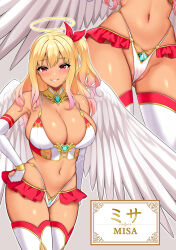 Rule 34 | 1girl, angel, angel wings, aqua gemstone, ayase-mio, bikini, blonde hair, breasts, bustier, cameltoe, character name, cleft of venus, collar, commentary request, crotch focus, elbow gloves, fingerless gloves, gloves, gold trim, gradient hair, gyaru, hair ribbon, halo, hand on own hip, highres, kogal, large breasts, micro bikini, microskirt, multi-strapped bikini bottom, multicolored hair, navel, one side up, original, parted lips, pink hair, pussy, red eyes, red ribbon, red skirt, red thighhighs, ribbon, see-through, showgirl skirt, skirt, smile, stomach, swimsuit, thighhighs, thighs, white bikini, white collar, white gloves, white thighhighs, white wings, wings, yellow halo